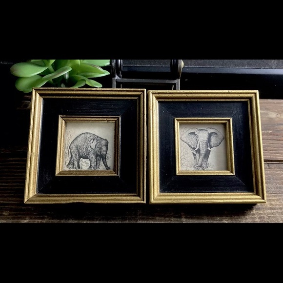Vintage Custom Framed Elephant Pictures Set Of Two 3.5" By 3.5"